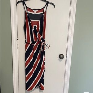 Market & Spruce Asymmetrical Striped Dress in Orange, White, and navy